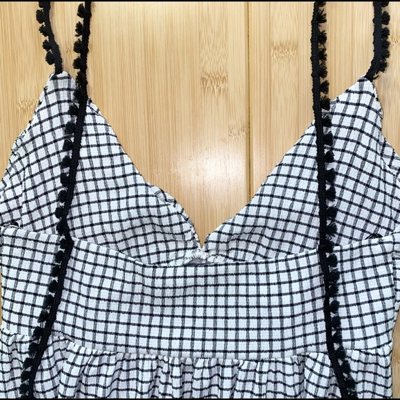 Zara Black and White Plaid Midi Sundress with Pompom Straps - Picture 3 of 9